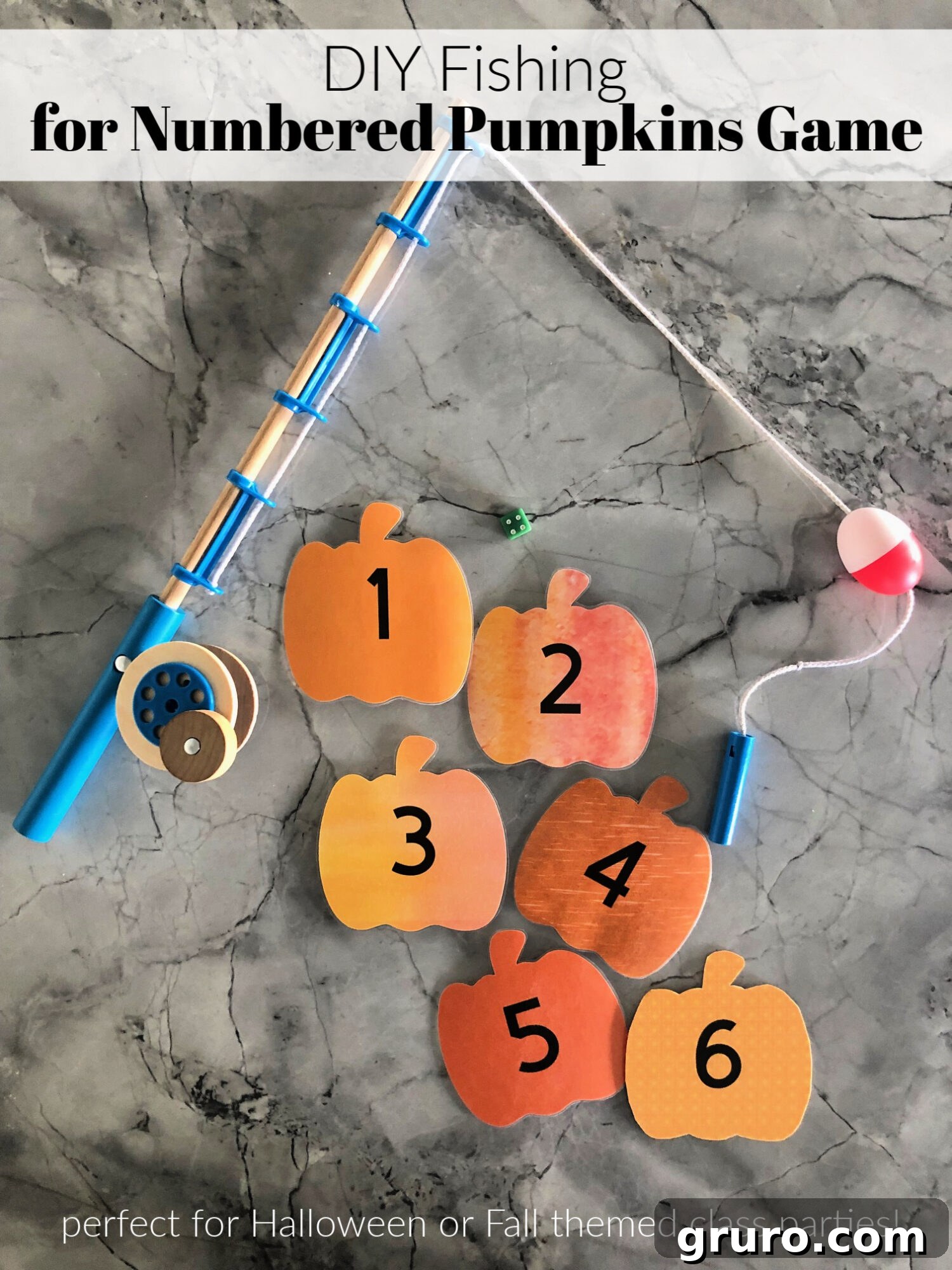 A child playing the DIY Fishing for Numbered Pumpkins Game with a magnetic fishing pole.