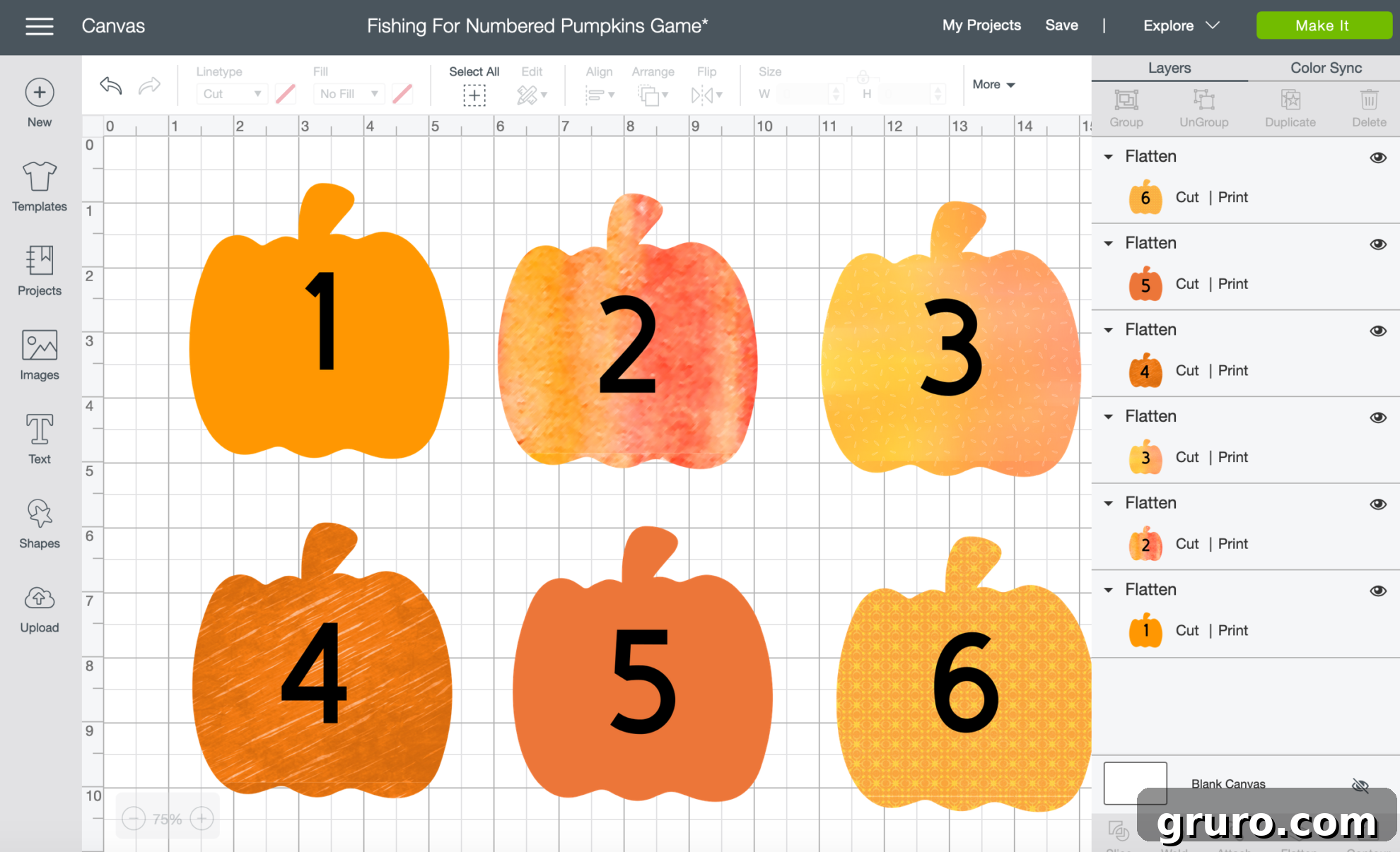 Cricut Design Space showing the DIY Fishing for Numbered Pumpkins Game FREE Cut File