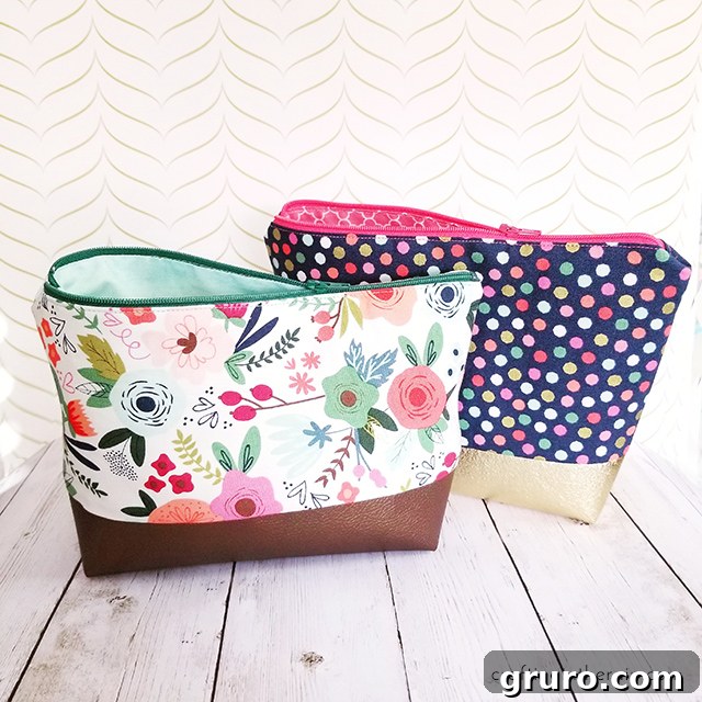 A stylish custom cosmetic bag sewn with a pattern cut on a Cricut Maker, perfect for personalized gifting.