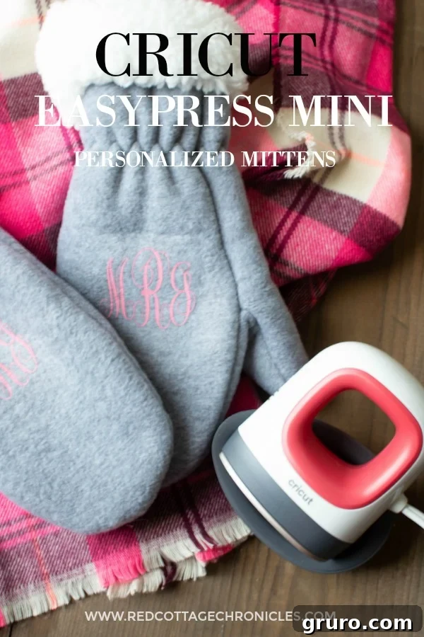 Cozy personalized mittens with a custom monogram, created using the Cricut EasyPress Mini.