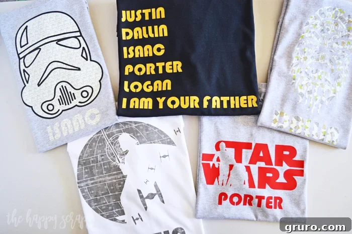 Custom Star Wars pajamas featuring Iron-On Vinyl designs made with a Cricut machine.