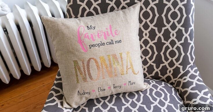 Personalized grandparent pillows with custom names, made with a Cricut Maker and iron-on vinyl.