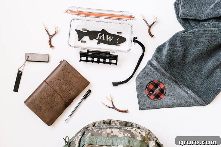 Personalized gifts for outdoorsmen, including custom mugs and gear made with a Cricut Explore Air 2.