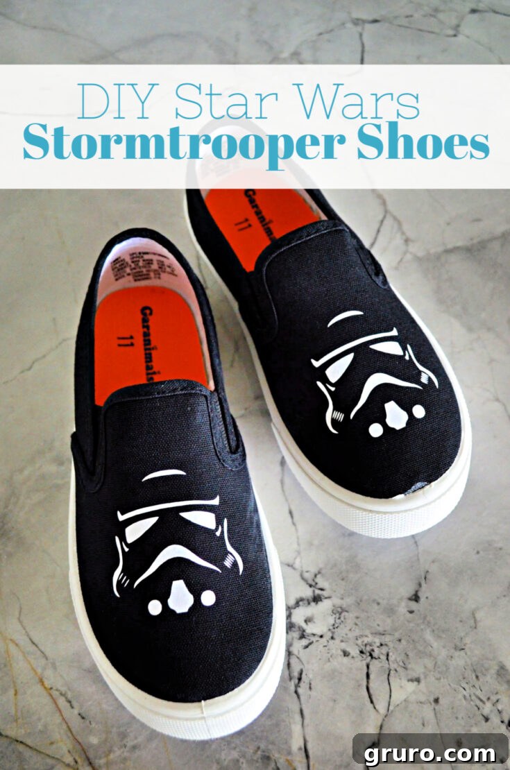 Custom Star Wars Stormtrooper shoes made with Iron-On Vinyl and a Cricut EasyPress Mini.