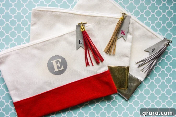 Chic monogrammed makeup bags crafted with Cricut iron-on vinyl and matching leather keychains.