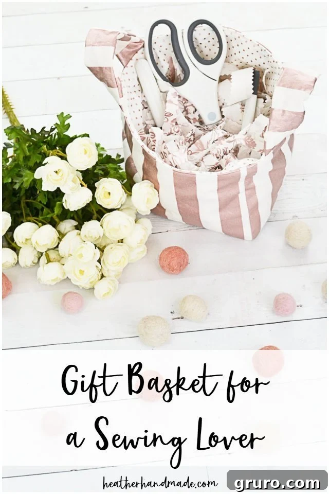 A fabric gift basket filled with sewing tools, with a custom tag made using a Cricut machine.