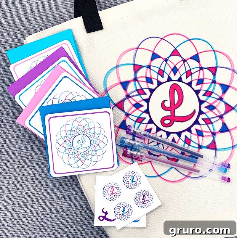 A personalized tote bag and matching stationery set, created with a Cricut Explore Air 2, featuring a custom monogram.
