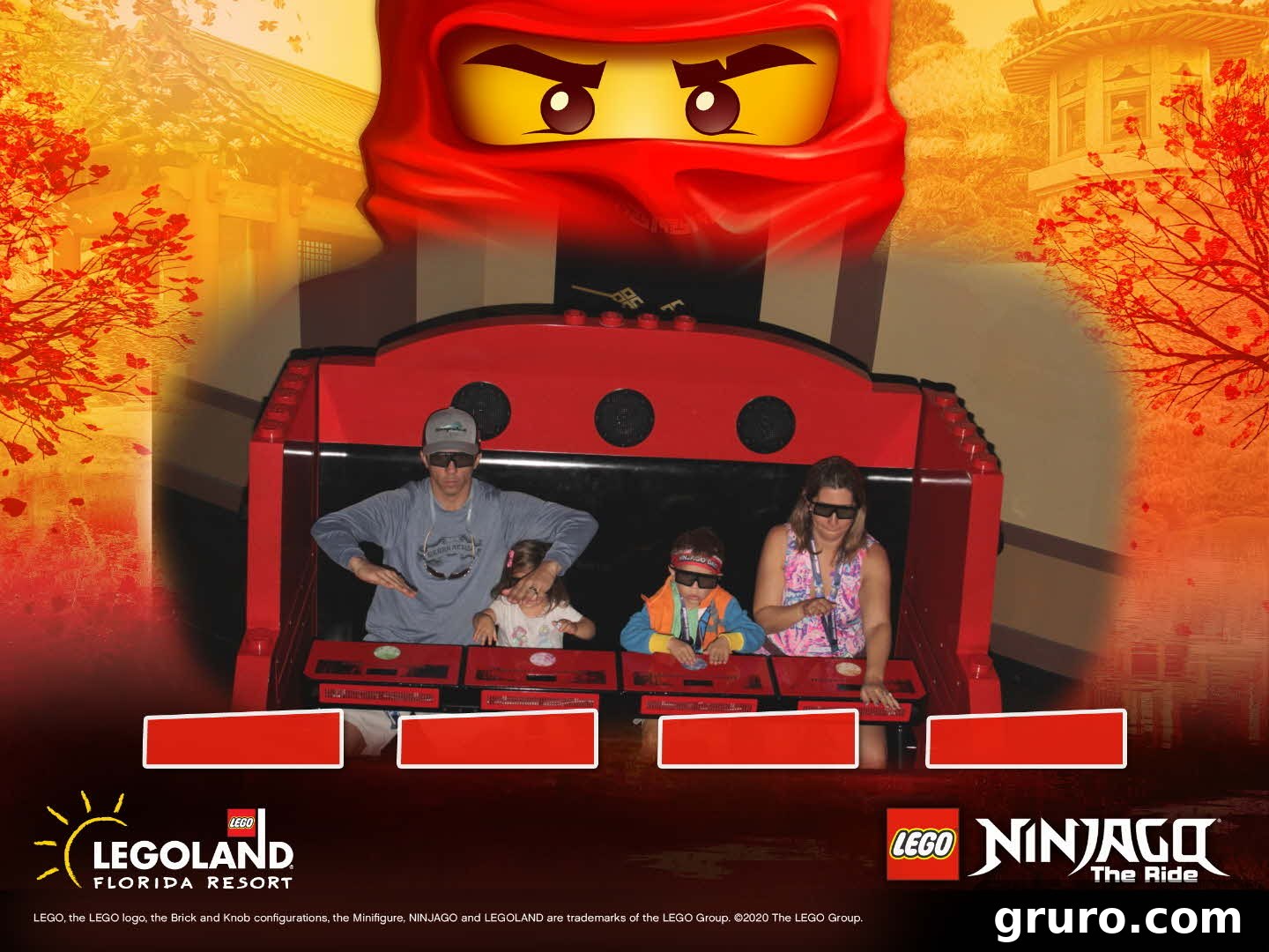 Family of four on a ride with LEGOLAND text on image.