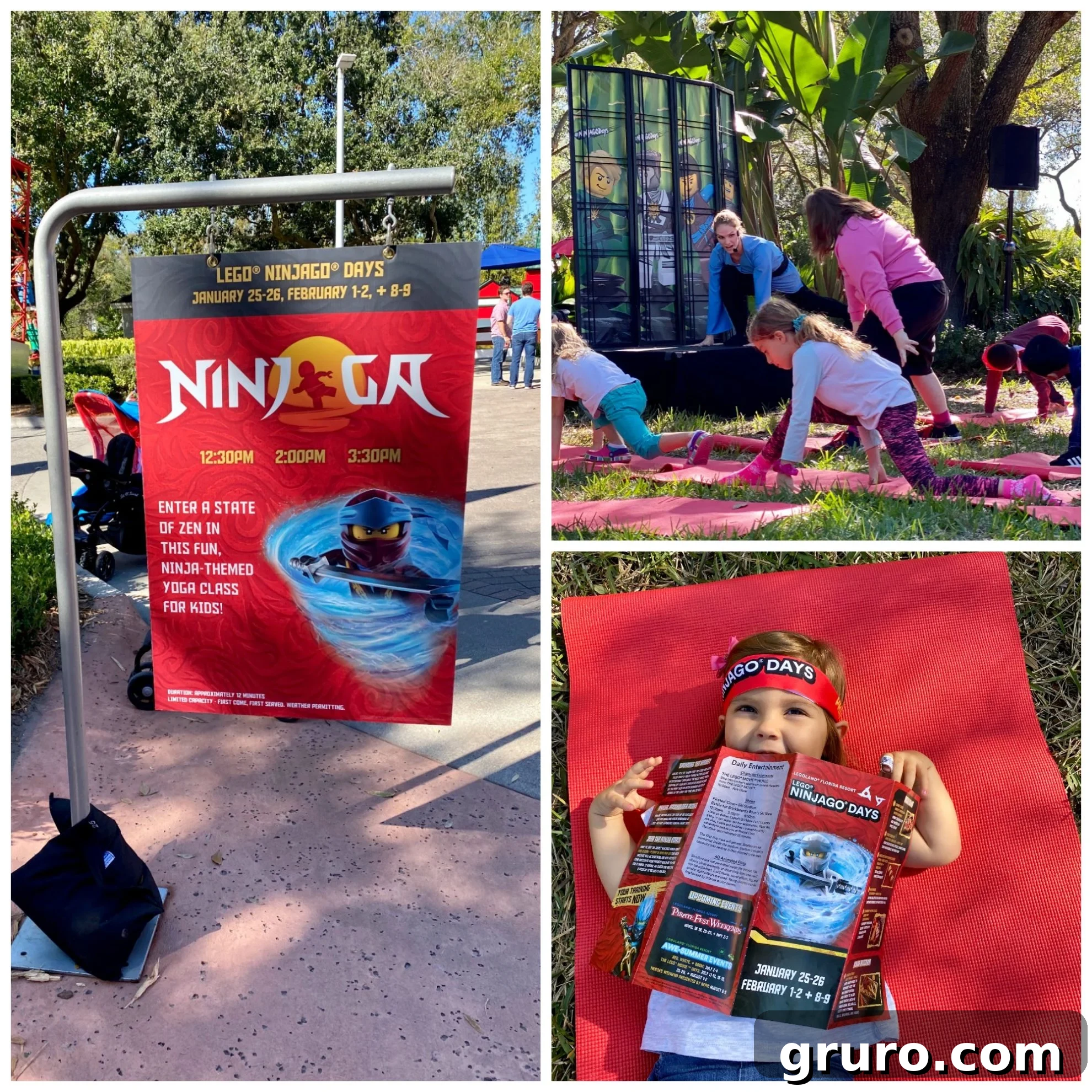 Little girl on yoga mat, ninjago sign and kids doing yoga in field.