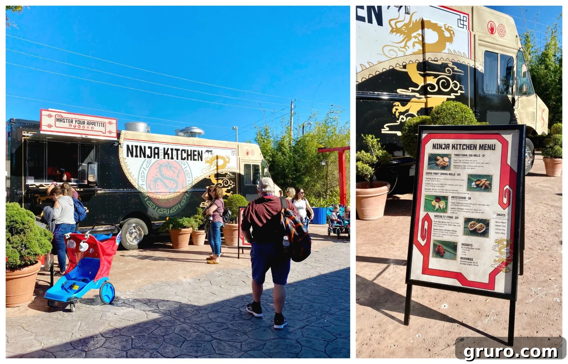Food truck with people lined up near it and a sandwich menu board on the right photo.