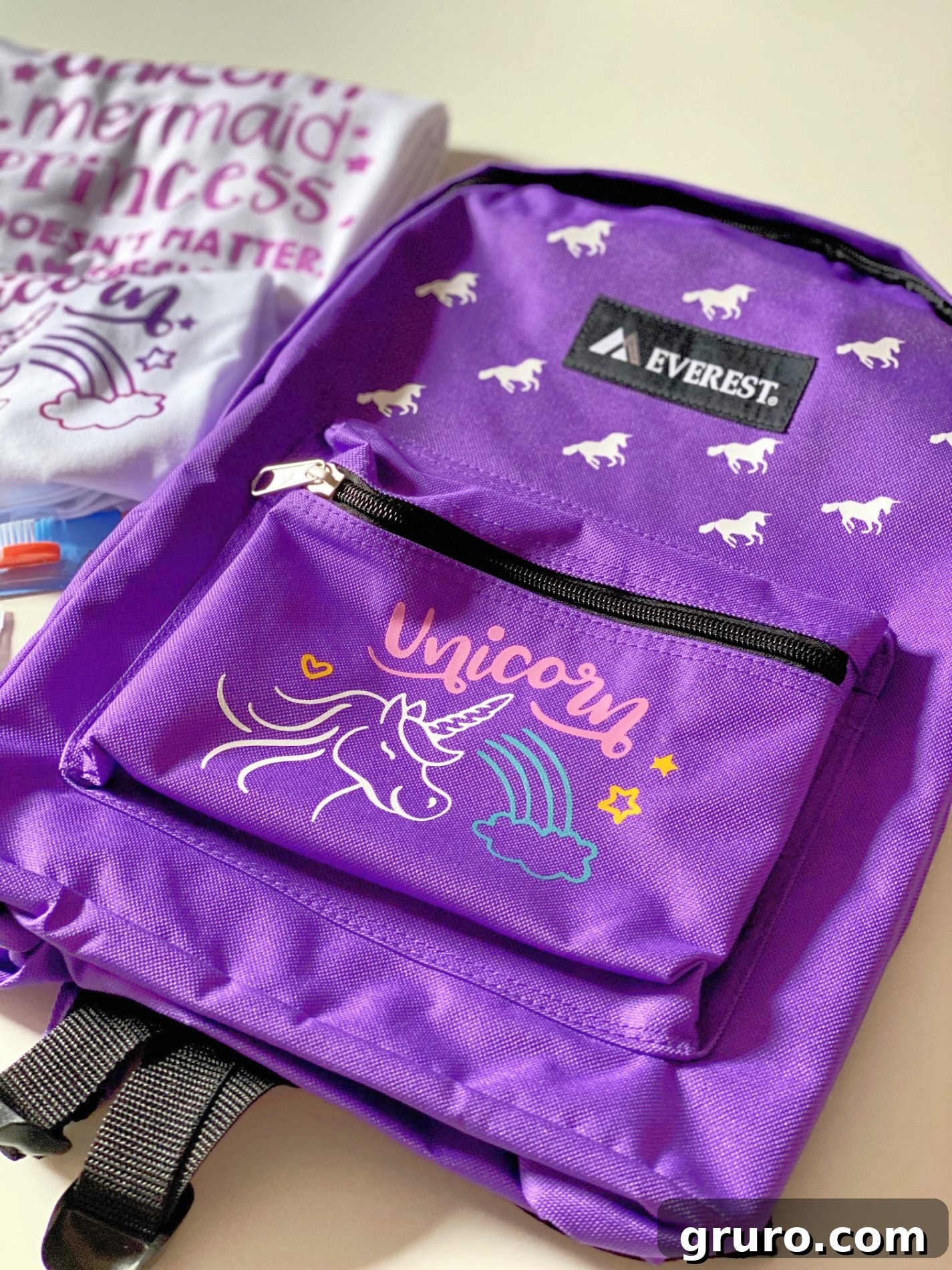 Purple unicorn backpack made with Cricut iron-on vinyl