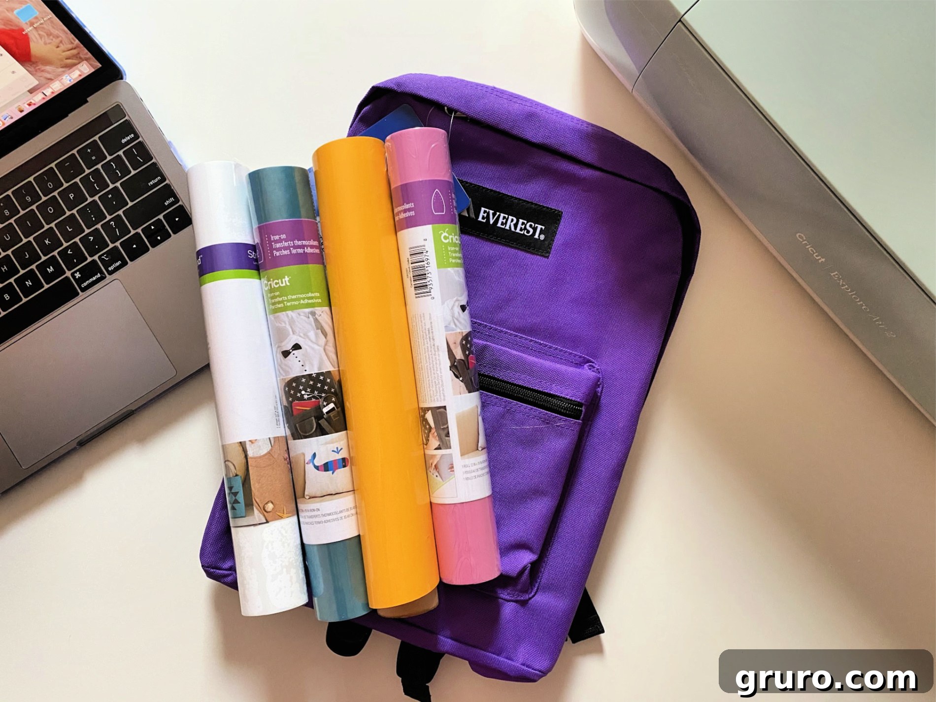 Cricut Explore Air 2, iron-on vinyl, and tools for unicorn backpack project