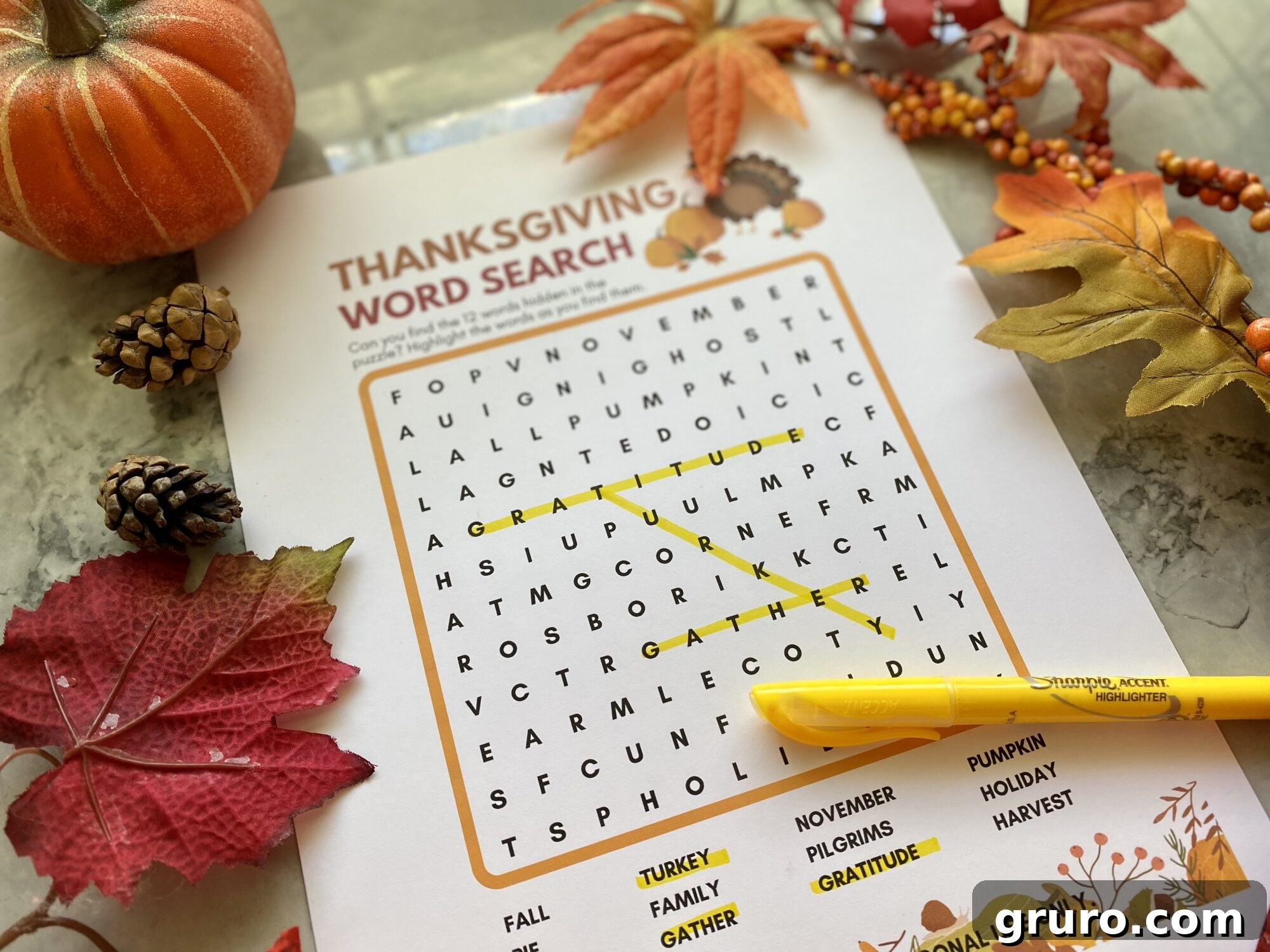 Close up of a word search that has three highlighted words surrounded by pumpkins, leaves, and pine cones.