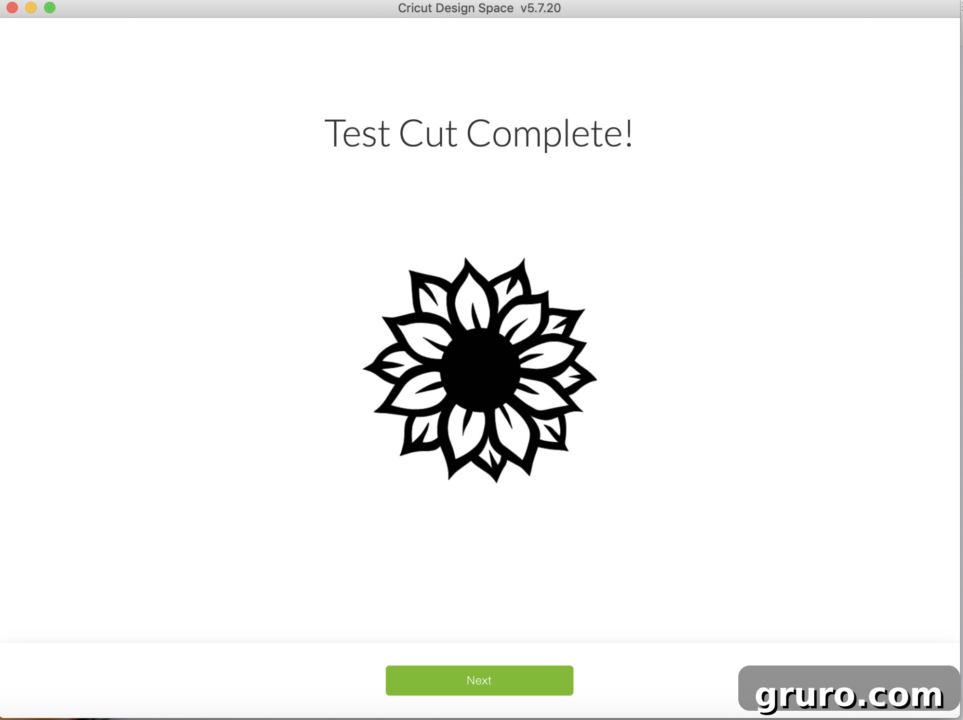 Screenshot of Cricut Design Space confirming 'Test Cut Complete' for the Cricut Joy.