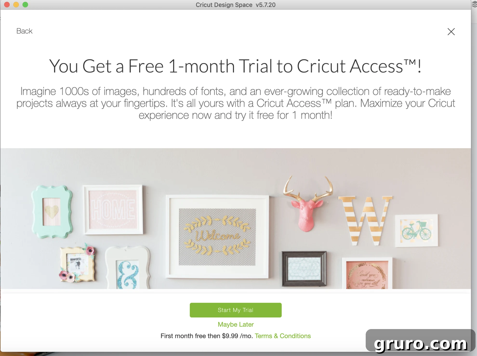 Screenshot of Cricut Design Space offering a 'Free 1-Month Trial to Cricut Access'.