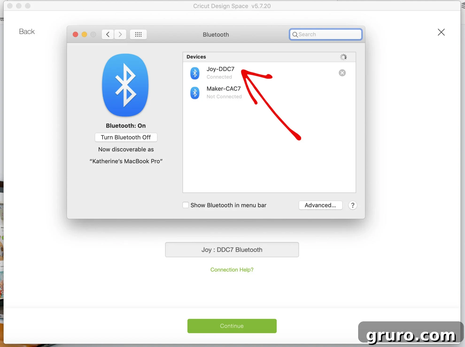Bluetooth setup on a Mac, showing the Cricut Joy ready to connect.
