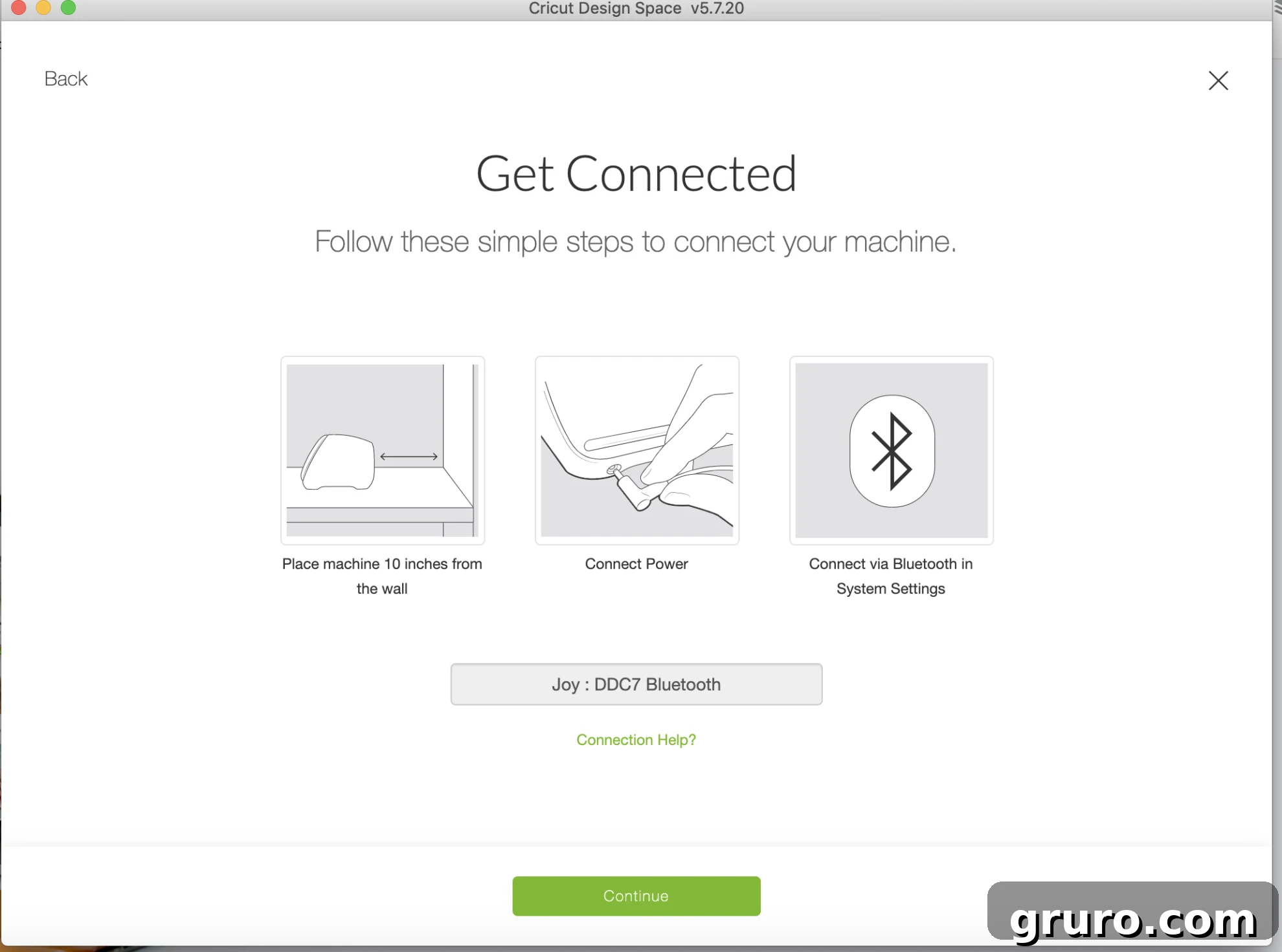 Cricut Design Space screenshot showing 'Get Connected' prompt for Cricut Joy.