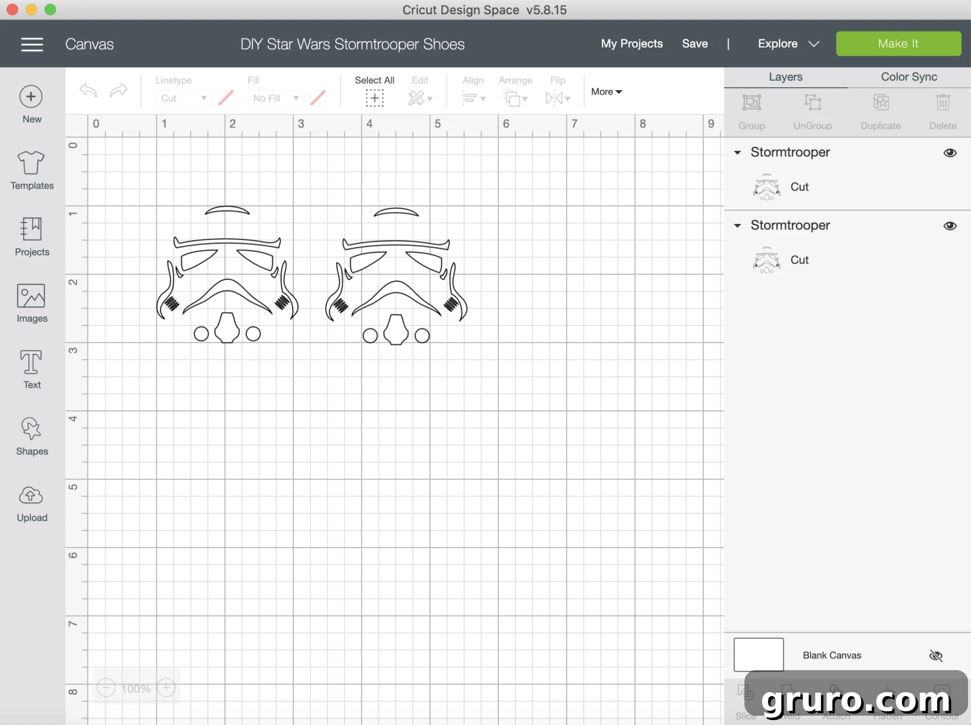 Screenshot of Cricut Design Space showing the Stormtrooper helmet cut file ready for customization for DIY Star Wars shoes.