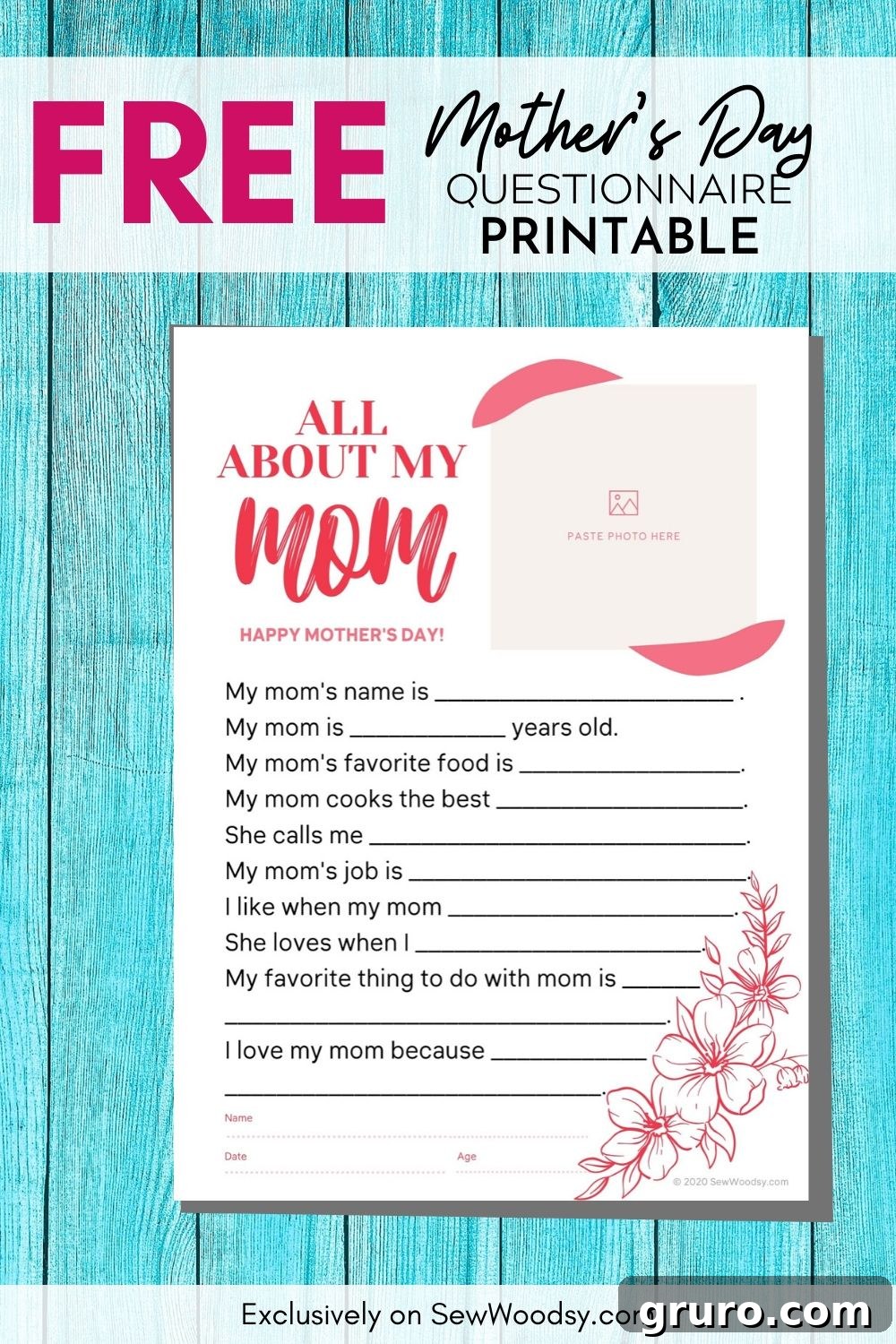 Delightful preview of the Free Mother's Day Questionnaire Printable, ready for children to fill out with their precious thoughts.