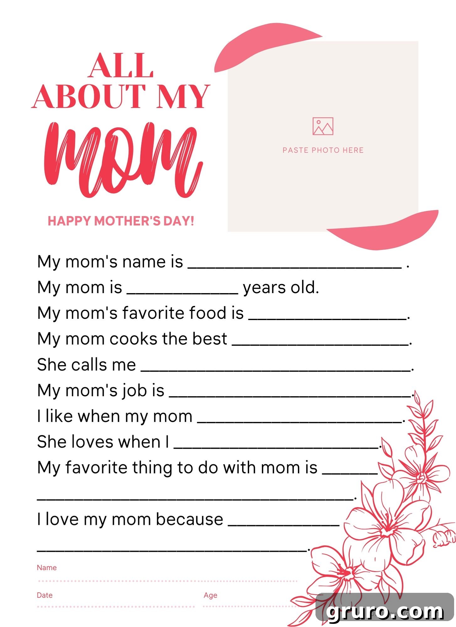 Thumbnail for the Mother’s Day Questionnaire Printable, depicting an adorable 'All About Mom' template.