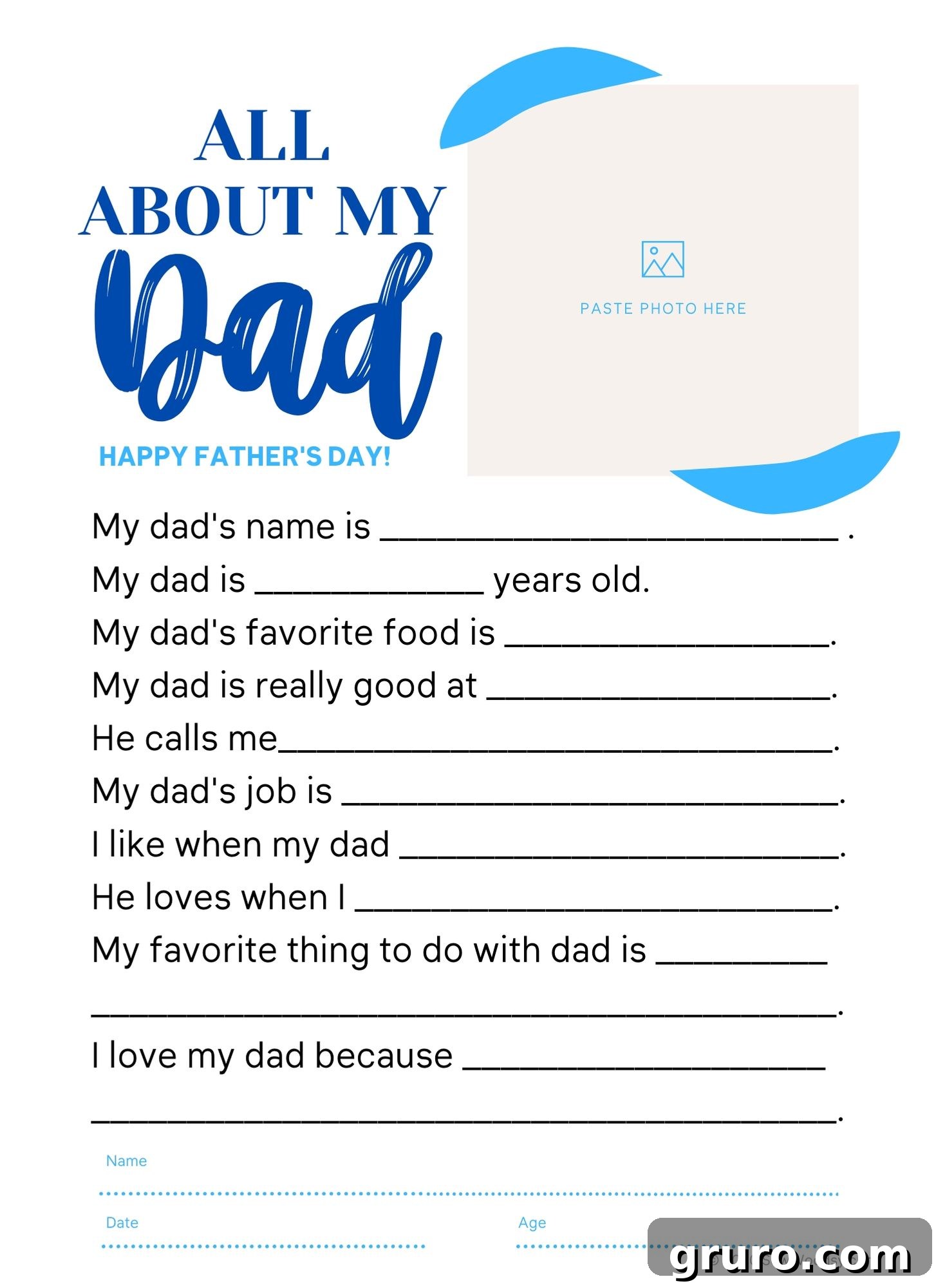 Father's Day printable with a space for a photo.