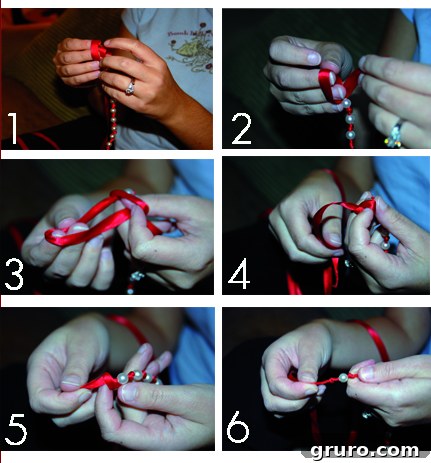 pearl ribbon necklace -how to tie a knot Demonstration of tying the first knot on the ribbon before adding beads