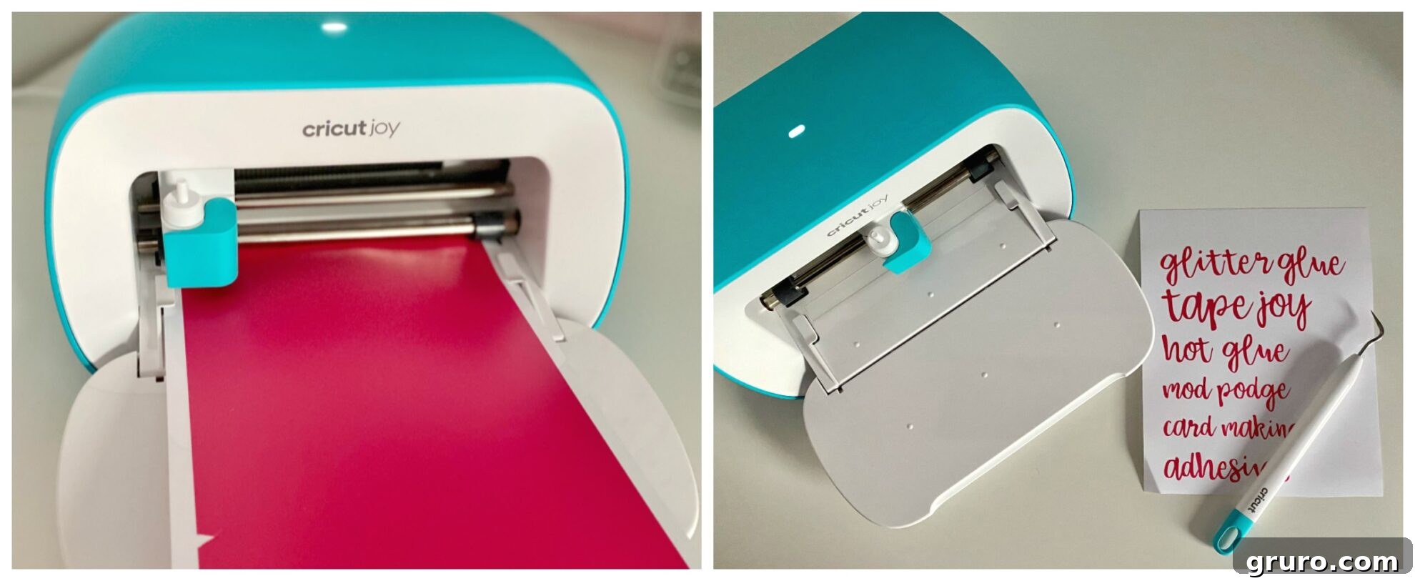 Two sequential photos depicting the Cricut Joy in action with pink vinyl. The first shows the Smart Vinyl loaded into the machine, and the second displays the neatly cut vinyl words, prepared for weeding and application onto craft drawers.