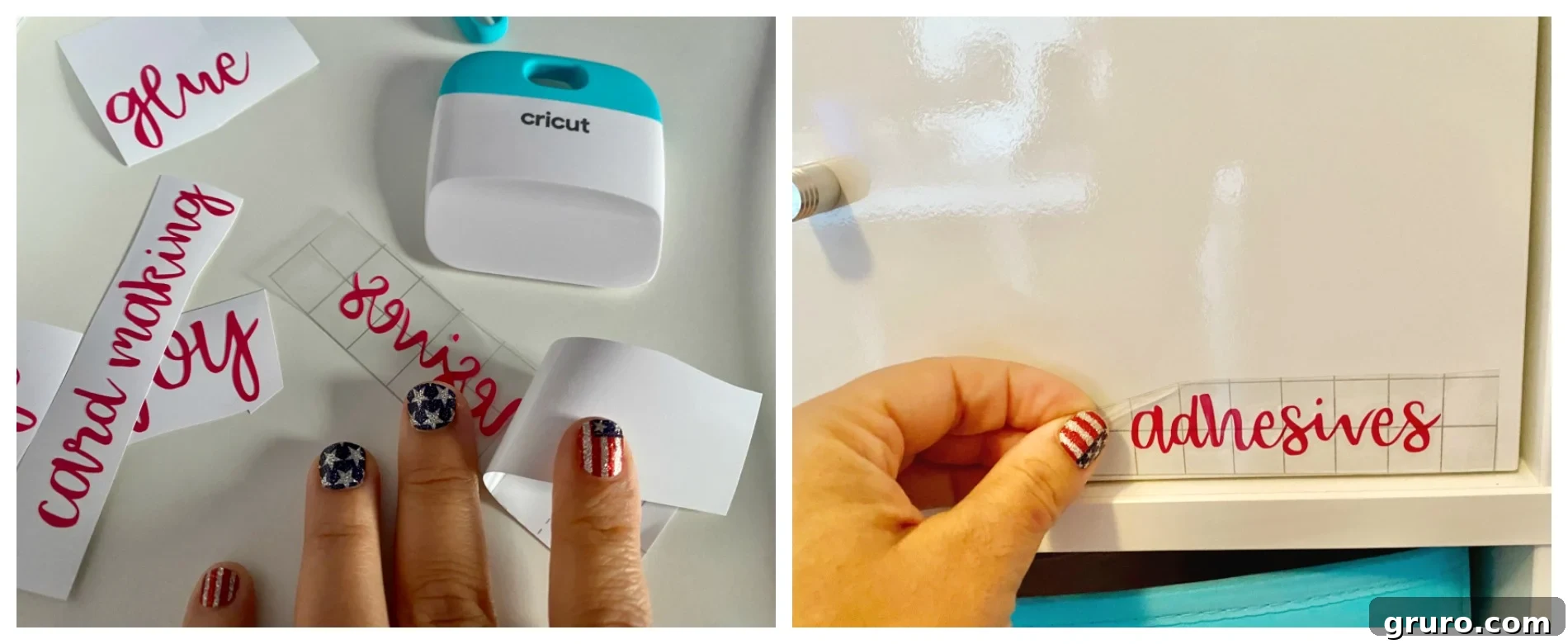 A two-part image illustrating the process of applying vinyl decals: first, transfer tape is meticulously applied over the cut vinyl words, and second, the vinyl is being smoothed onto a white drawer front, ensuring a bubble-free finish.