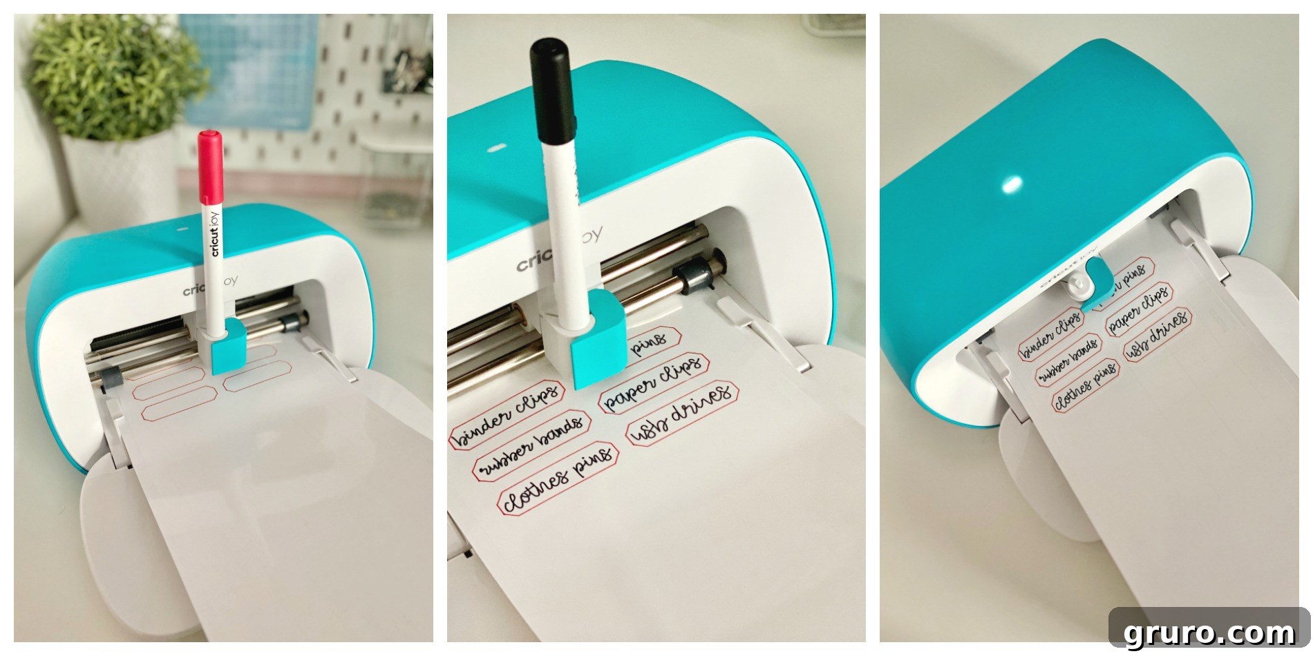 A three-part process photo showcasing the Cricut Joy in action. The first two images capture the machine precisely writing with both a red and a black pen, demonstrating color versatility, and the final image shows the intricate cutting process, preparing the labels for jars.