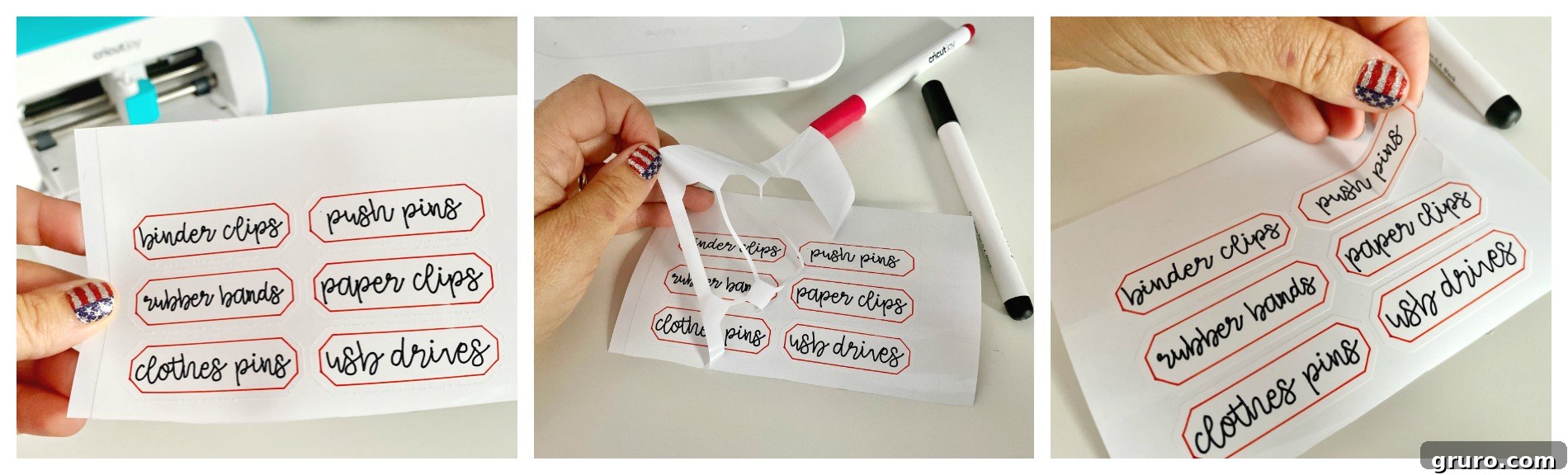 A series of three steps demonstrating how to efficiently remove personalized, hand-written labels from vinyl sheets after being created by the Cricut Joy, preparing them for application onto jars or containers.