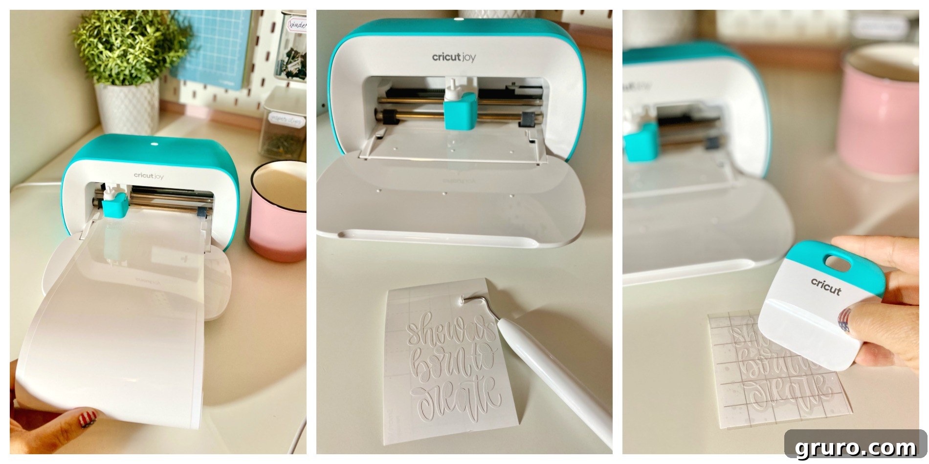 A three-panel process photo illustrating the creation of a vinyl mug decal: first, the Cricut Joy precisely cutting vinyl; second, the careful weeding of negative space; and third, the application of transfer tape onto the refined design.