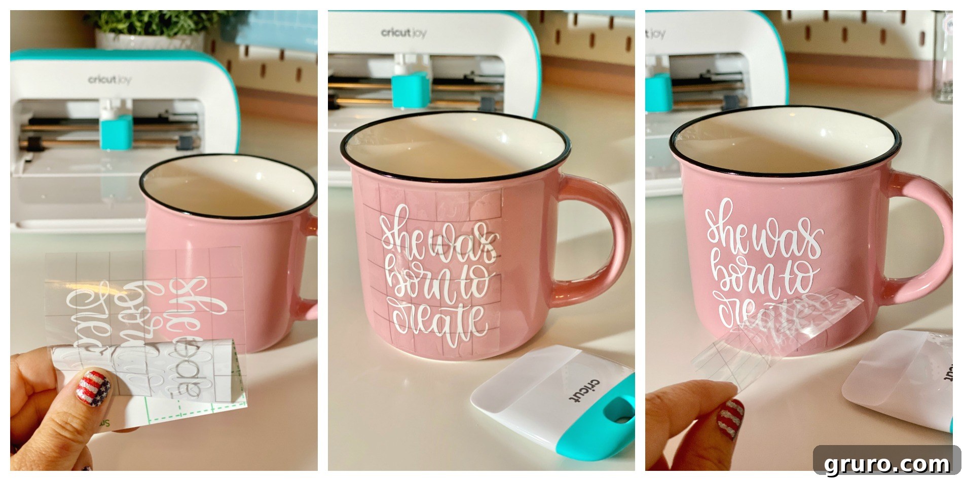 Three process photos detailing the application of a vinyl decal to a mug: first, removing the transfer tape from its backing; second, carefully applying the decal onto the mug; and third, smoothly peeling away the transfer tape to reveal the finished design.