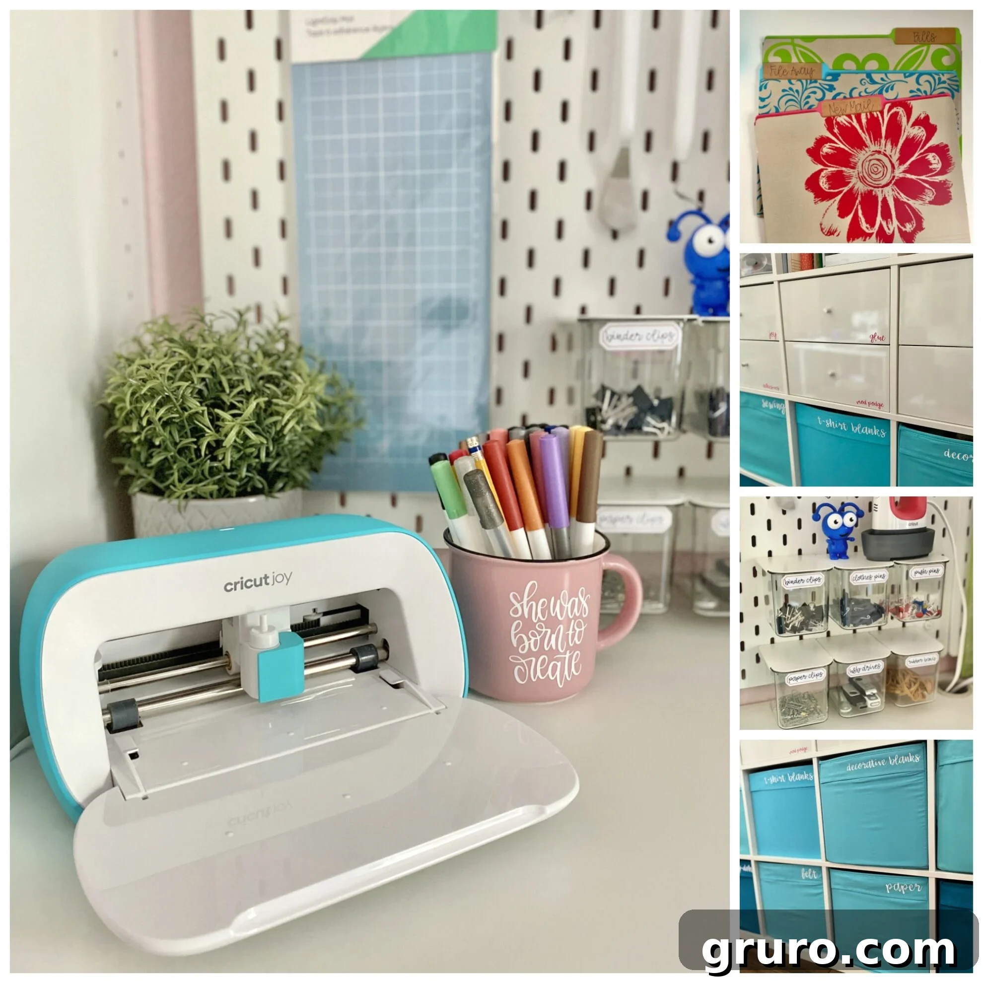 A vibrant collage featuring five distinct Cricut projects, with the Cricut Joy machine prominently displayed next to a pink cup. The compilation showcases the versatility and creative potential of the Cricut Joy for various crafting endeavors.