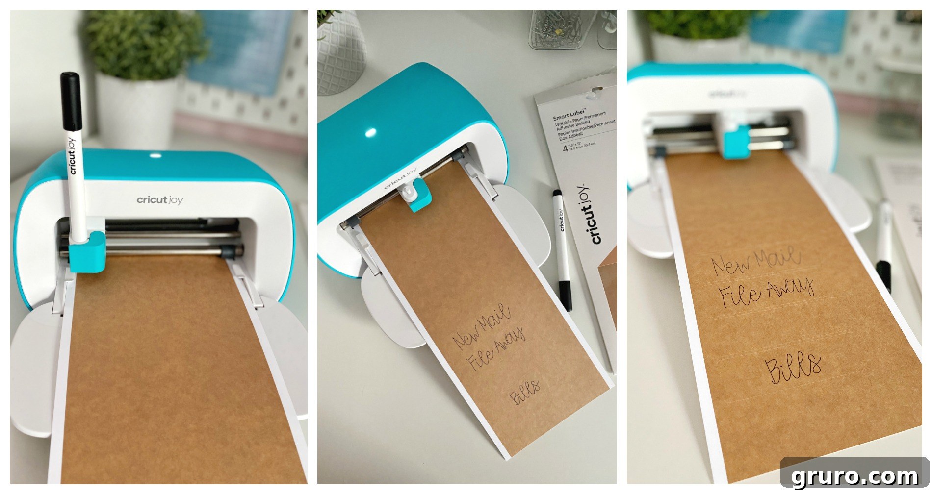 The Cricut Joy in action, meticulously writing custom labels onto Smart Label Writable Paper. This photo captures the machine's precision as it prepares personalized labels for file folder organization.