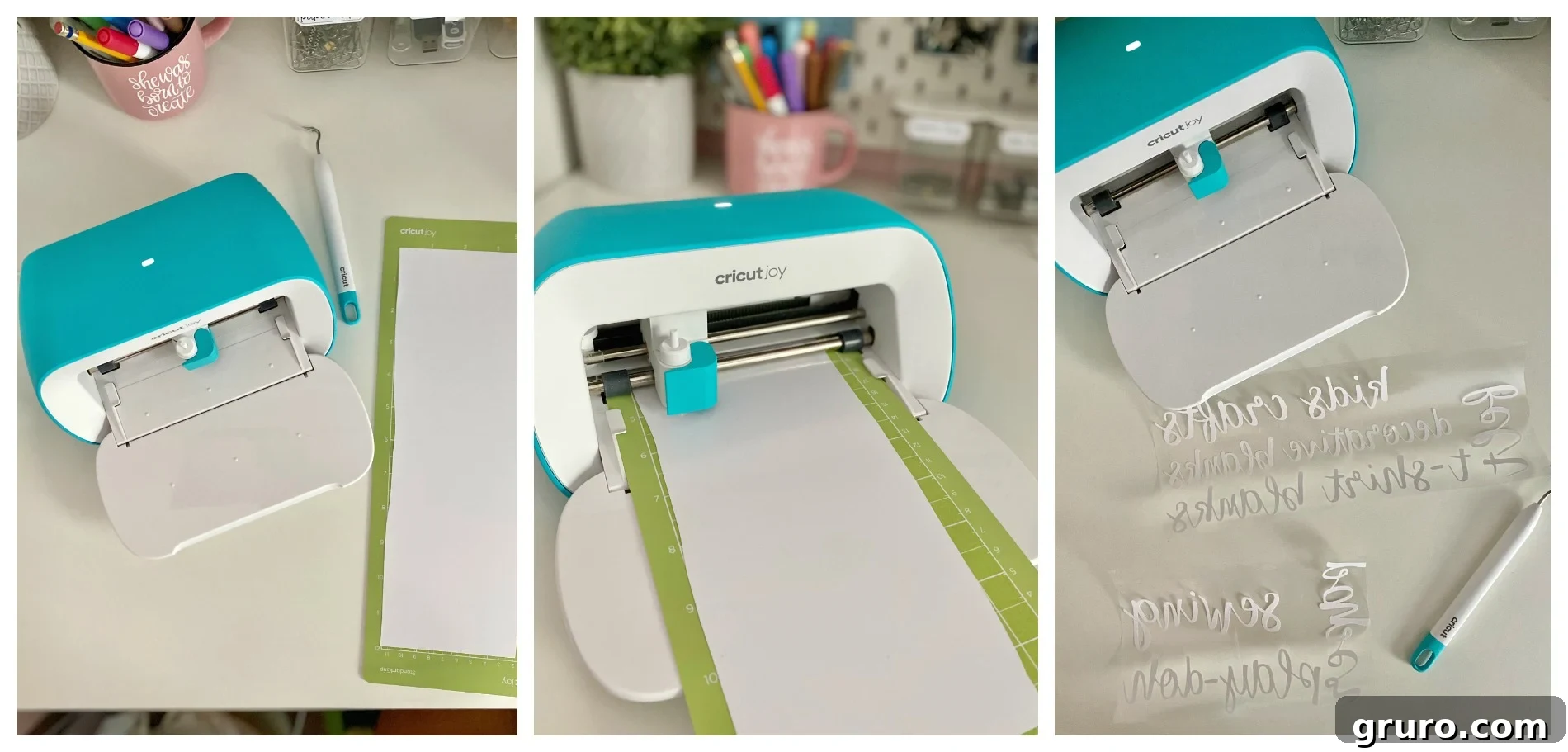 A sequence of three process photos showing the Cricut Joy cutting white Iron-On vinyl. The first image shows the vinyl loaded, the second captures the cutting action, and the third displays the beautifully weeded negative space, ready for application.