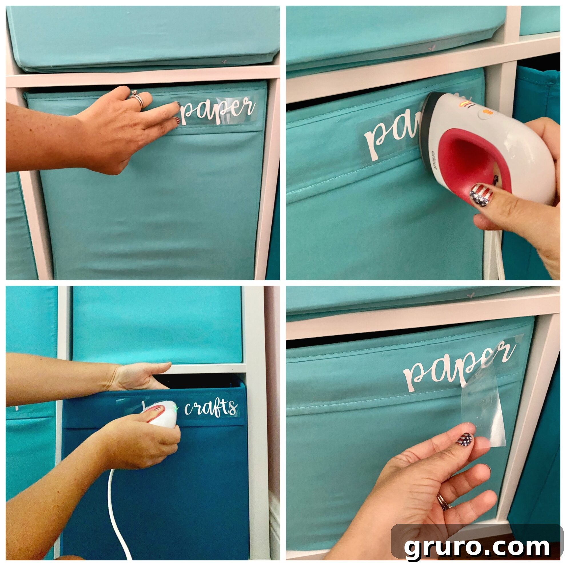 A visual guide featuring four process shots of applying Iron-On Vinyl to a blue cloth bin using a Cricut EasyPress Mini. It illustrates positioning the vinyl, pressing with the EasyPress, and peeling the carrier sheet for a perfect transfer.