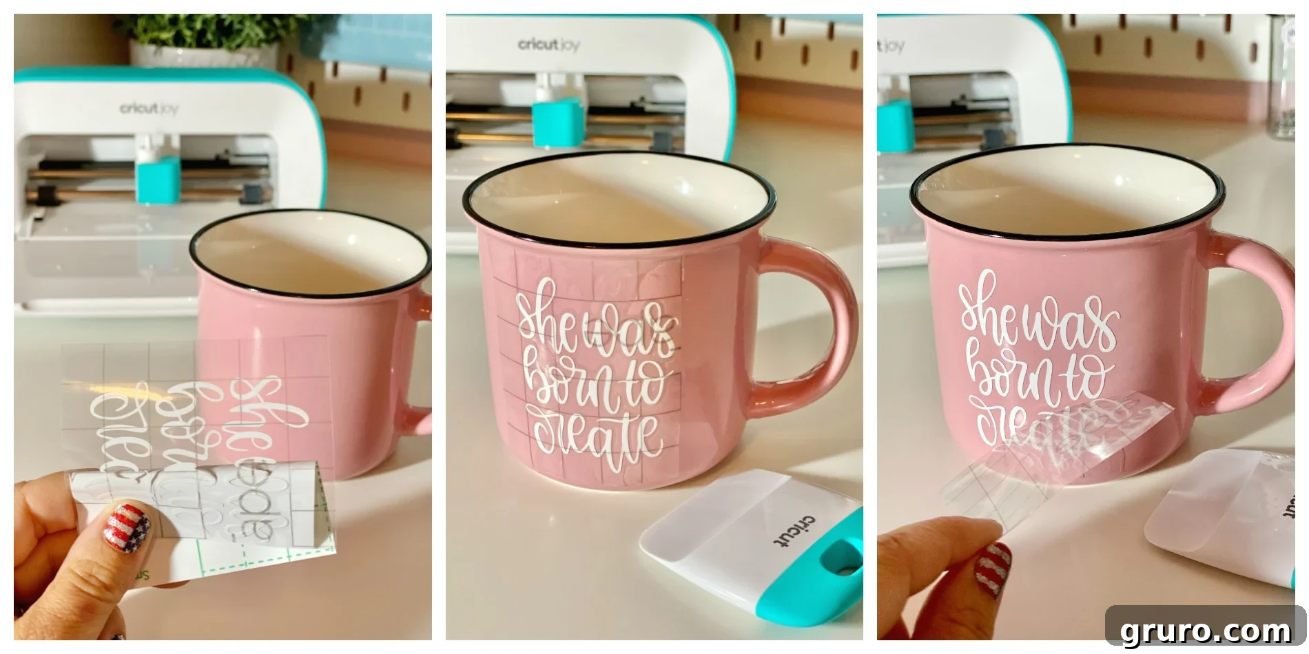 Applying Transfer Tape to a vinyl decal for a mug, ensuring smooth adhesion with a scraper tool.