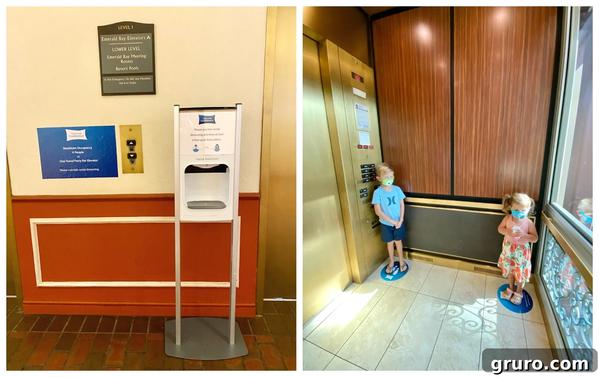 Two photo split of hand sanitizer and kids standing on circles in an elevator. 