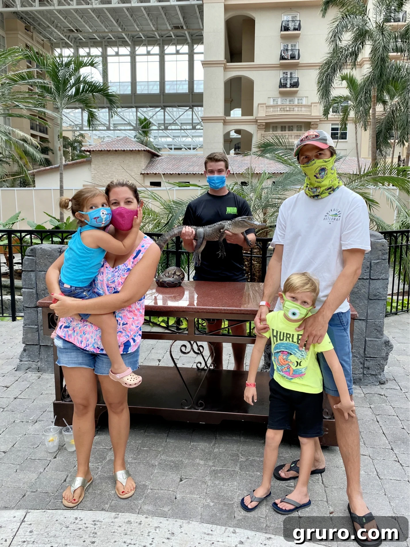 Family standing with mask on with man with mask holding alligator and ball python on table.
