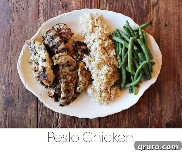 Pesto Chicken, brown rice, and green beans - a delicious 500 calorie meal for weight loss