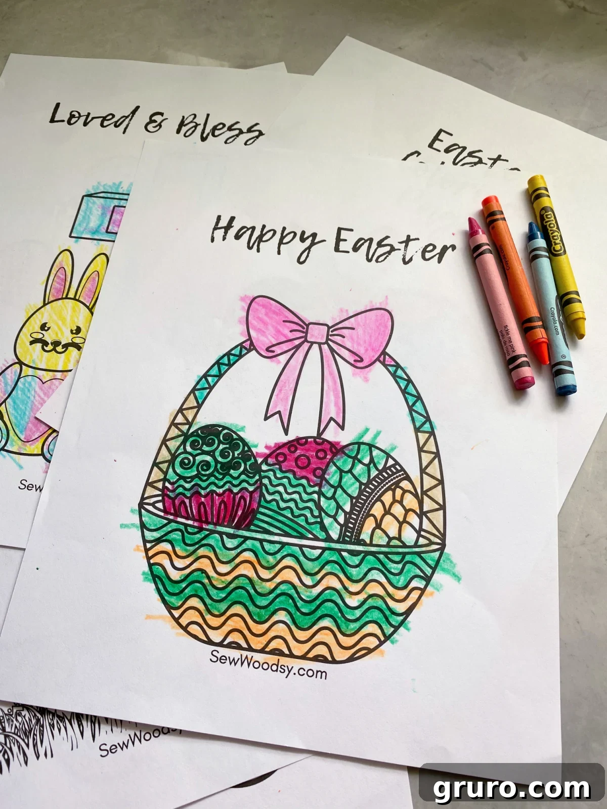 A close-up shot of an Easter basket coloring page filled with intricate designs, surrounded by a scattering of vibrant crayons, ready for artistic expression.