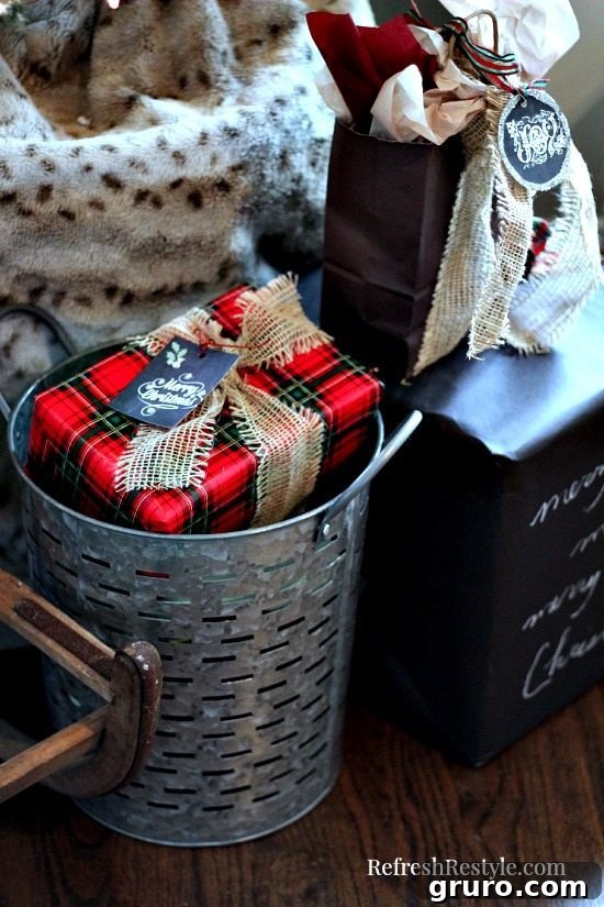 Christmas Tree with gifts in olive buckets see more at refreshrestyle.com