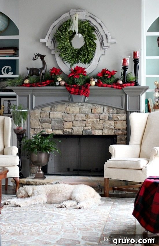 Christmas Tree Mantel Plaid Decor at refreshrestyle.com