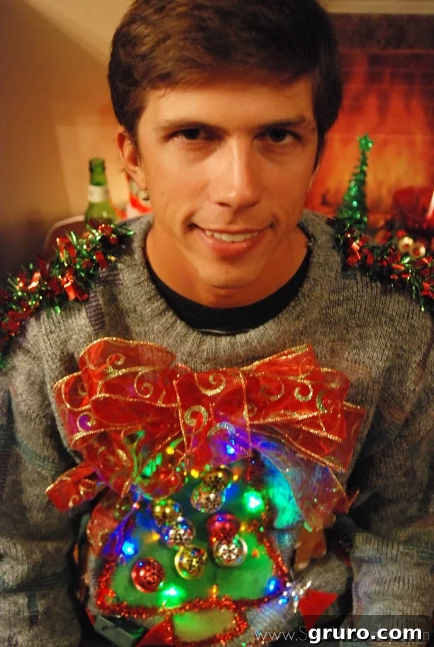 A close-up of a tacky Christmas sweater with battery-operated lights.