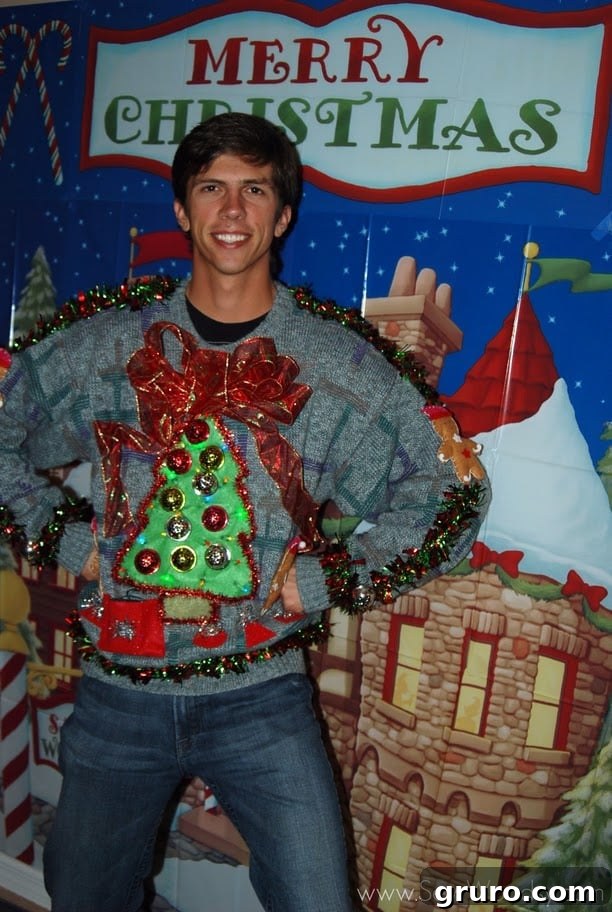 The author showcasing her finished tacky Christmas sweater creation.
