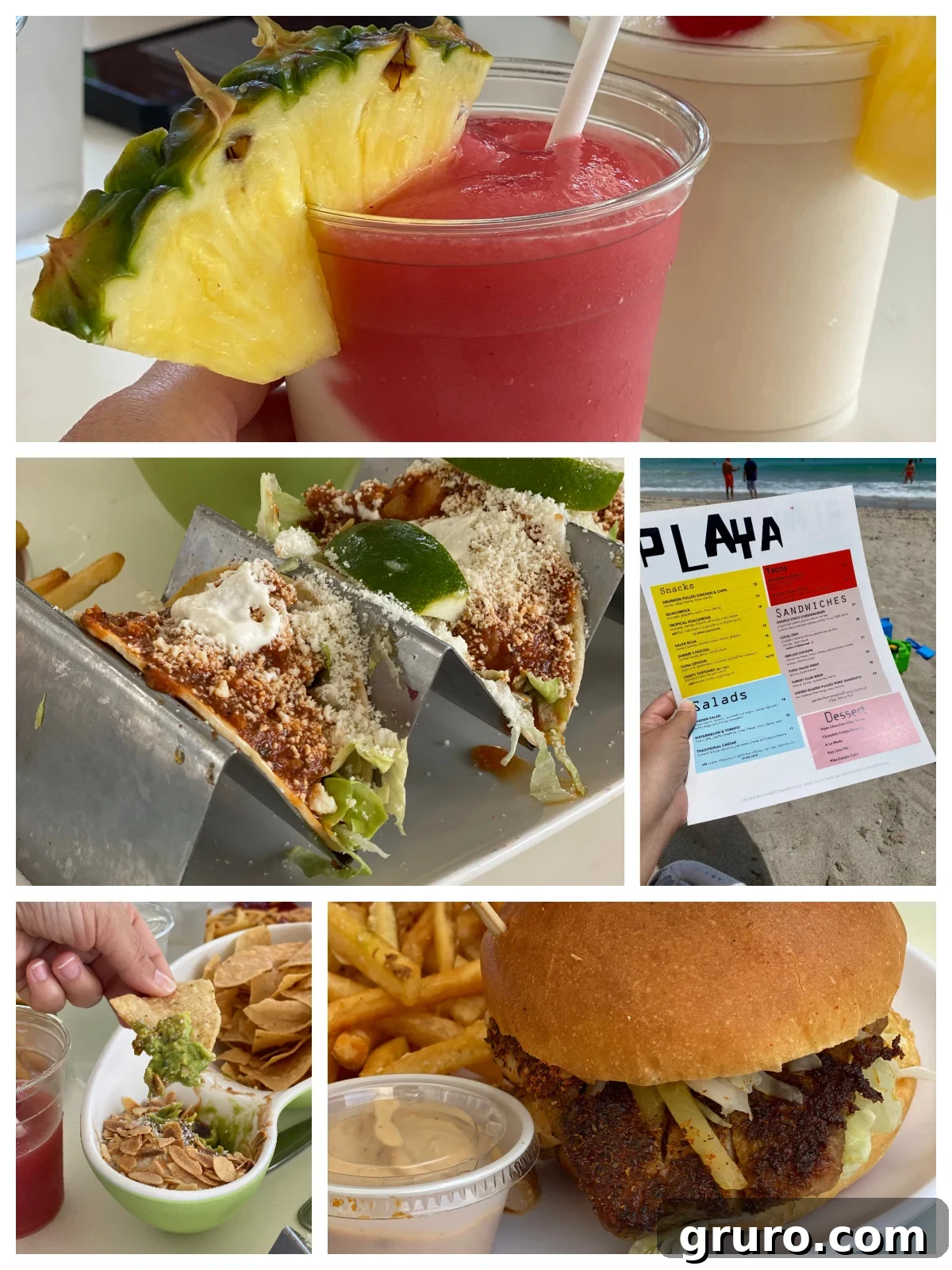A vibrant display of pina coladas, a platter of tacos, fresh guacamole with chips, a fish sandwich, and a menu at Playa restaurant.
