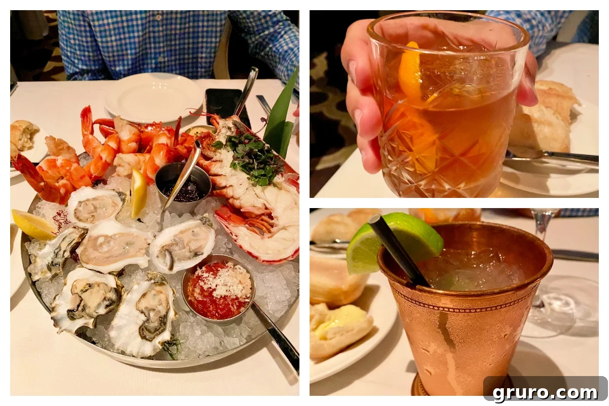 An impressive seafood tower accompanied by two different sophisticated cocktails at Diplomat Prime Steakhouse.