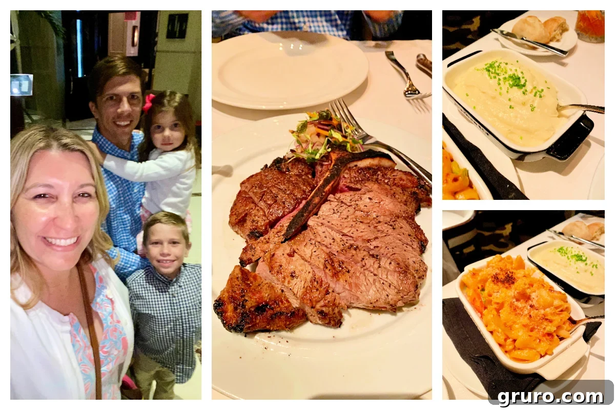 A family of four enjoying a luxurious meal at a steakhouse, featuring a large steak, creamy mashed potatoes, and macaroni and cheese.