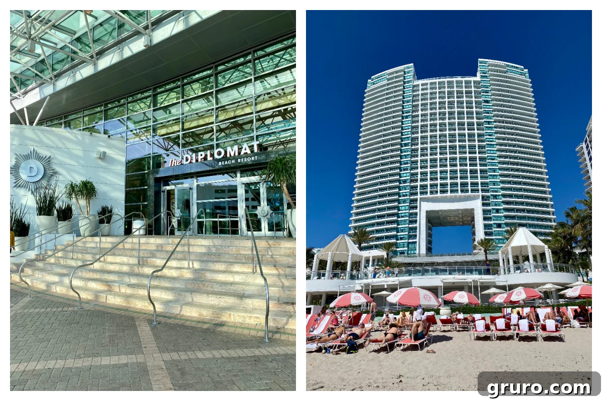 Front view of the luxurious Diplomat Beach Resort and its stunning beachfront facade.
