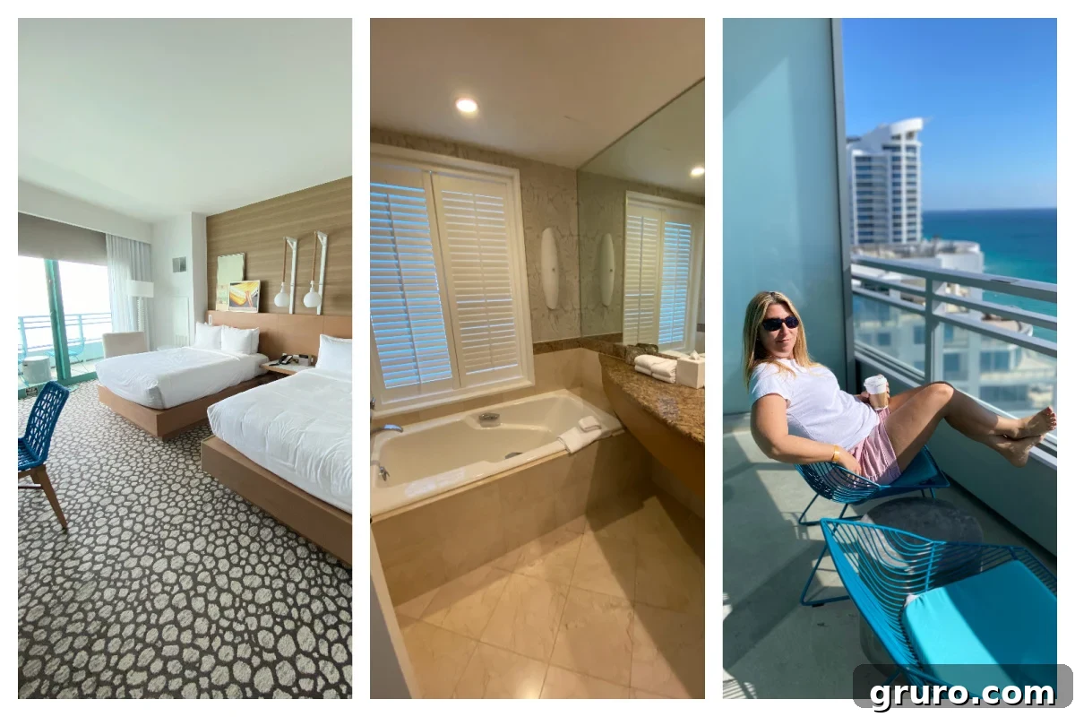 A beautifully appointed bedroom with two queen beds, a spacious bathroom, and a guest relaxing on a private balcony overlooking the ocean.